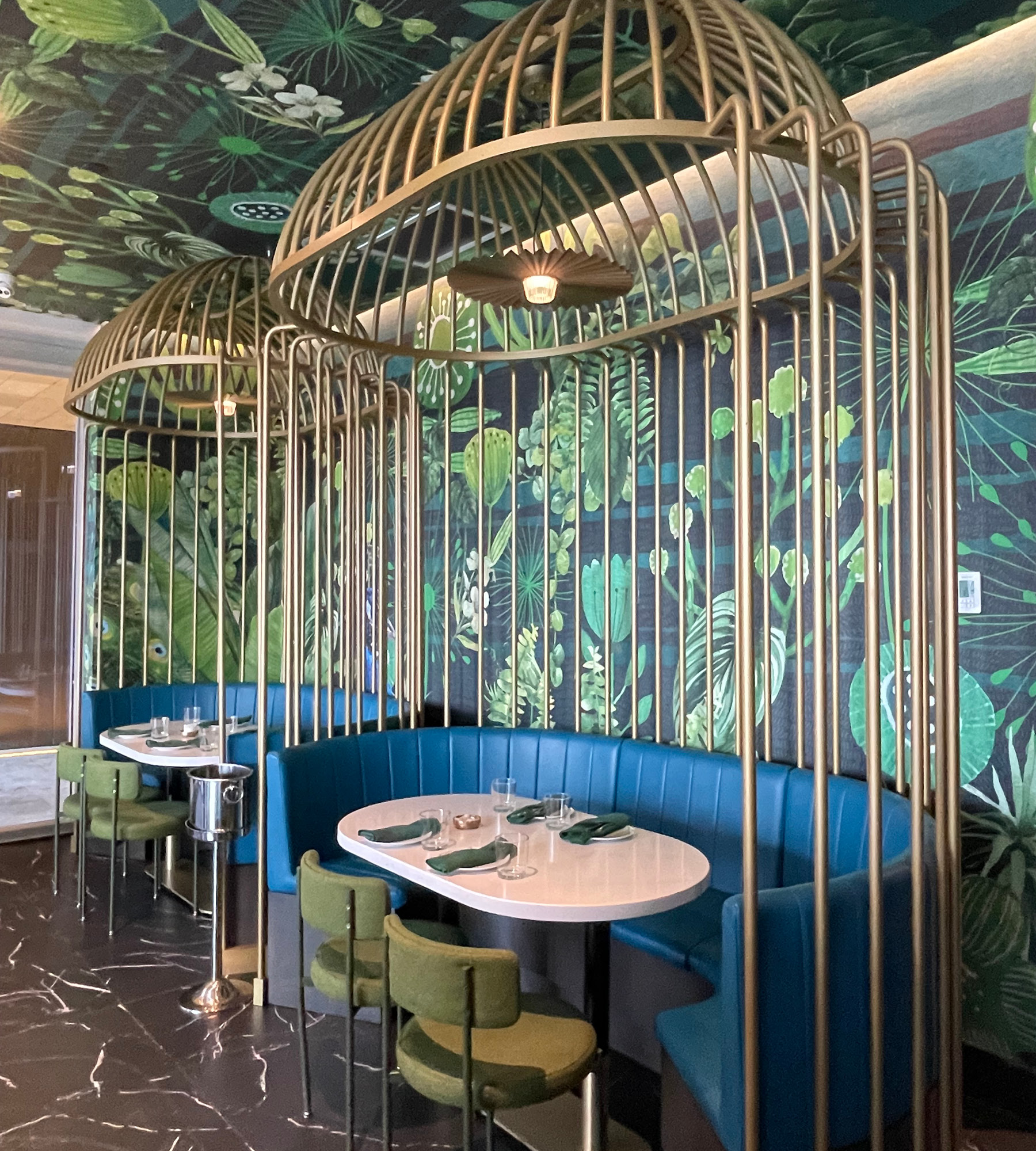 Peacock Wine Bar Columns, Bar Banquettes, Wine Glass Racks, Mirrored